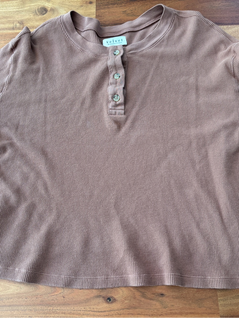 Velvet Waffle Knit Henley Top Brown - Size Medium